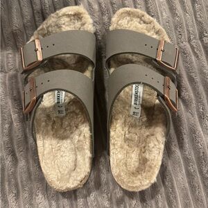 Birkenstock Gray Sandals with Faux Fur Lining